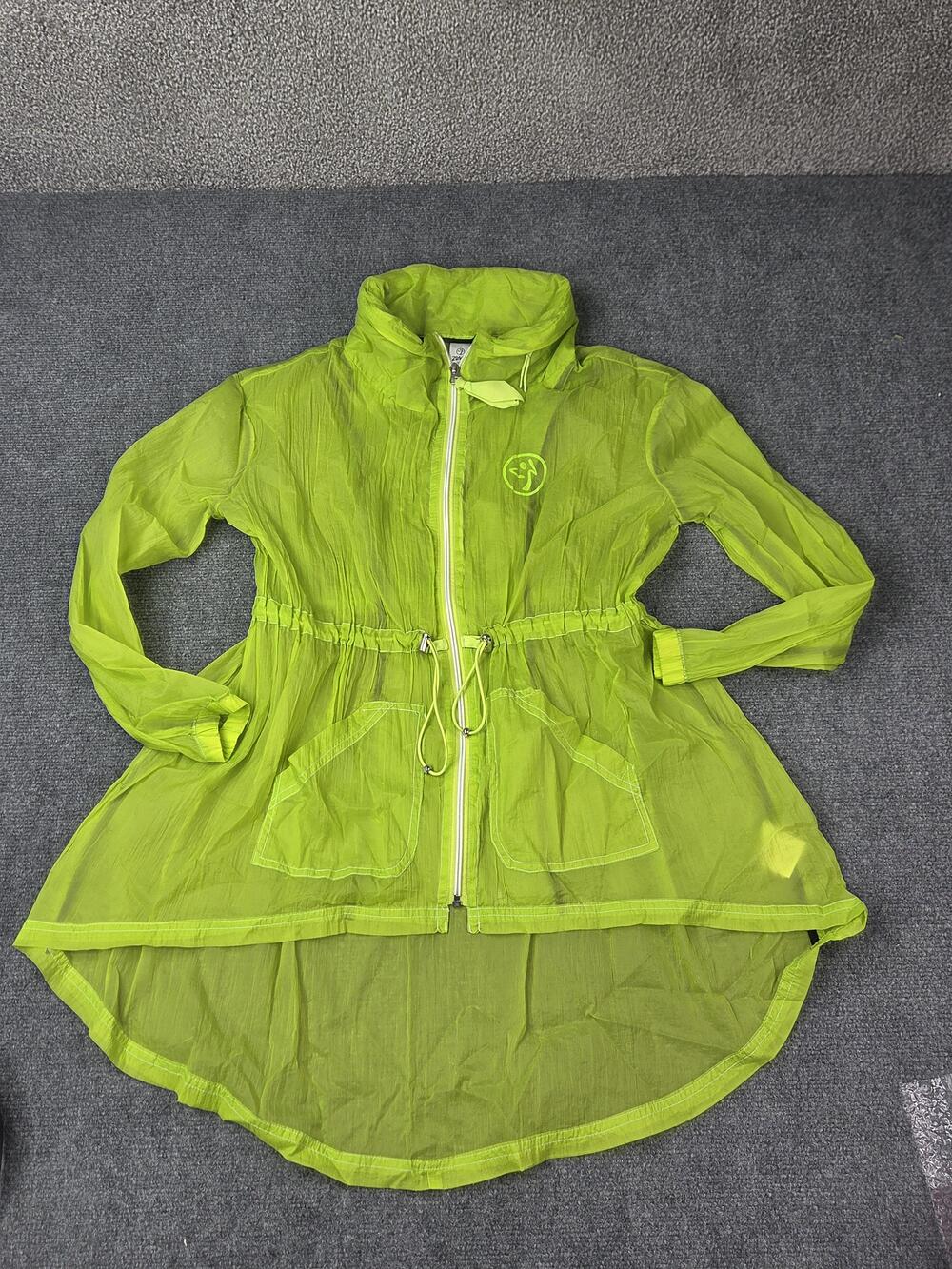 Zumba Stellar Jacket Womens M Green Sheer Windbreaker Full Zip Hooded High Low